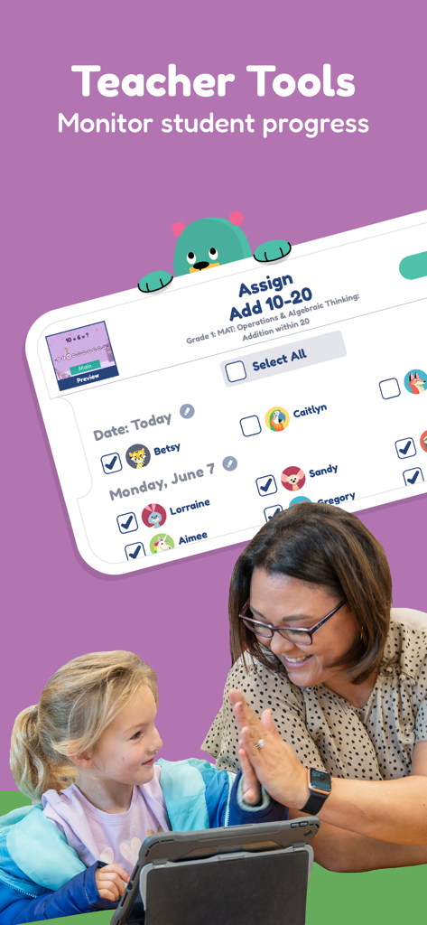 Khan Academy Kids - A teacher high-fives a young student using a tablet with an overlay of the teacher tools dashboard for assigning math lessons.