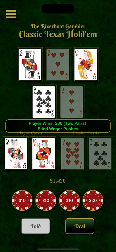 Riverboat Gambler - Gameplay screenshot of Classic Texas Hold em in the Riverboat Gambler app showing a player winning with two pairs on a green felt table.