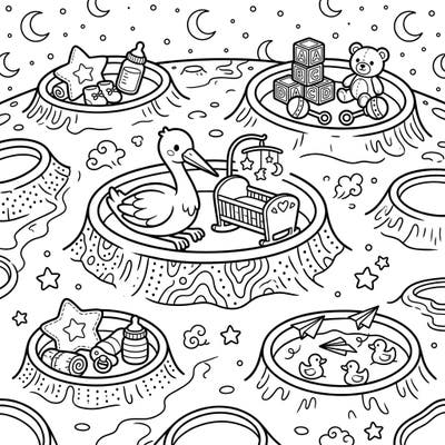 Embark on a celestial journey to celebrate new life with this enchanting lunar craters baby shower coloring page. It's a uniquely adorable way to welcome a new baby, blending cosmic wonder with heartwarming baby essentials.