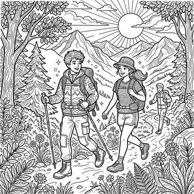 Get ready for an exciting outdoor journey with this vibrant summer hiking activewear coloring page. Perfect for celebrating warm-weather adventures, it features explorers geared up and ready to hit the scenic mountain trails.