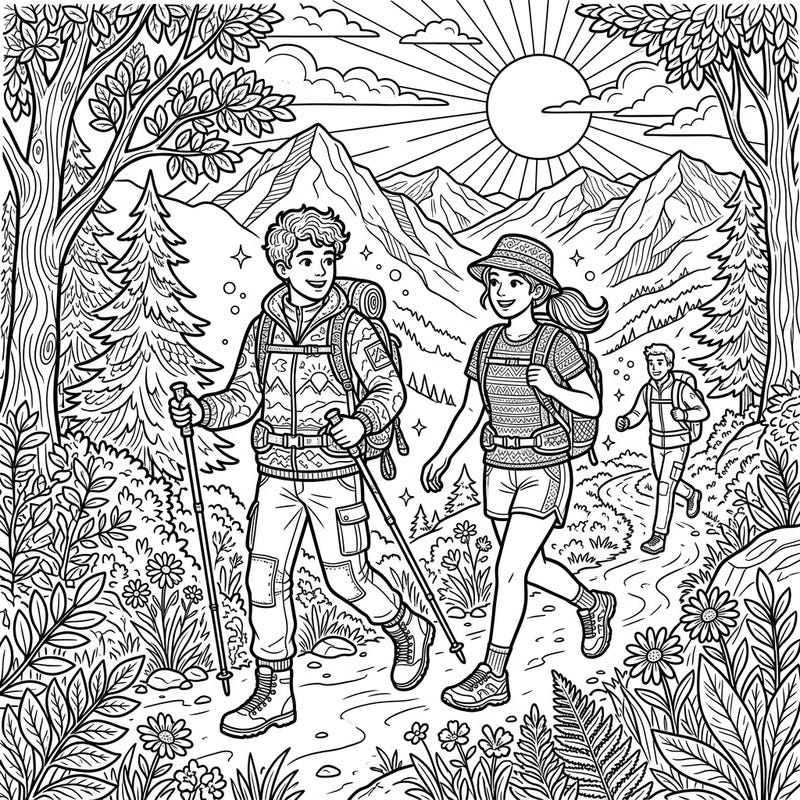 Get ready for an exciting outdoor journey with this vibrant summer hiking activewear coloring page. Perfect for celebrating warm-weather adventures, it features explorers geared up and ready to hit the scenic mountain trails.