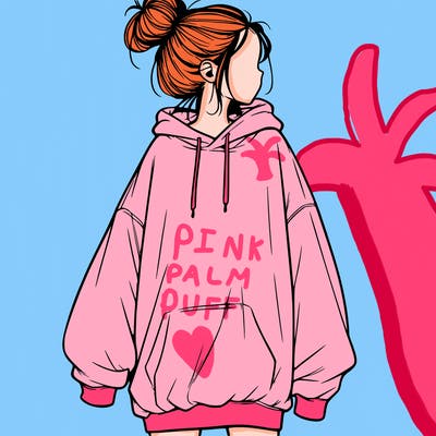 realistic girl with a oversized sweatshirt on and a bun