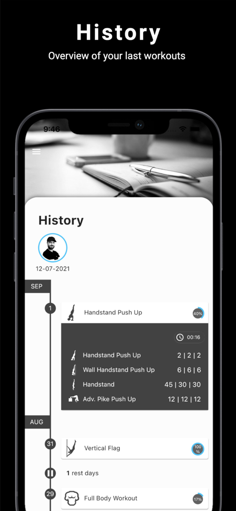 A mobile app screen displaying a workout history log with a timeline of calisthenics skills like handstand push ups and vertical flags.