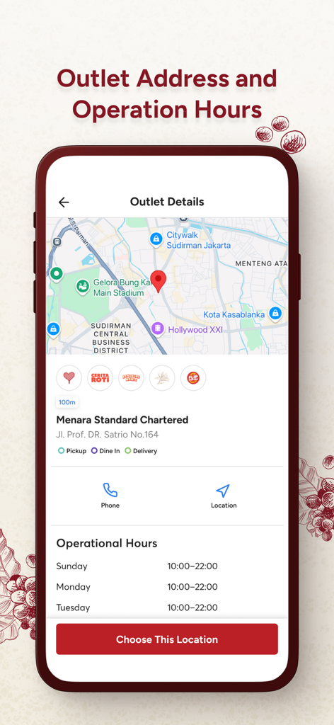 Kopi Kenangan Indonesia - Kopi Kenangan app showing outlet address map and operational hours for coffee pickup