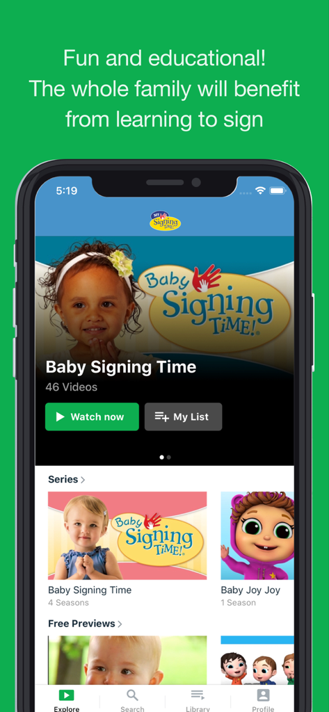 Interface of My Signing Time app showing baby sign language educational videos and series options