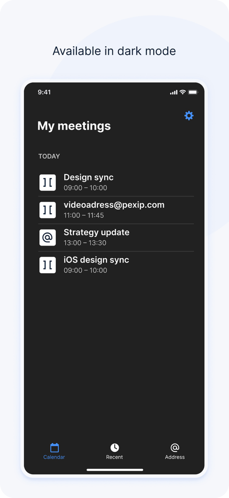 Pexip - Pexipモバイルアプリのインターフェース。ダークモードでビジネス会議のスケジュールリストを表示。