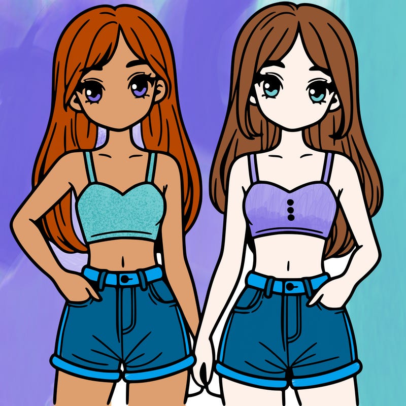 two sisters with crop tops and jean shorts and straight hair