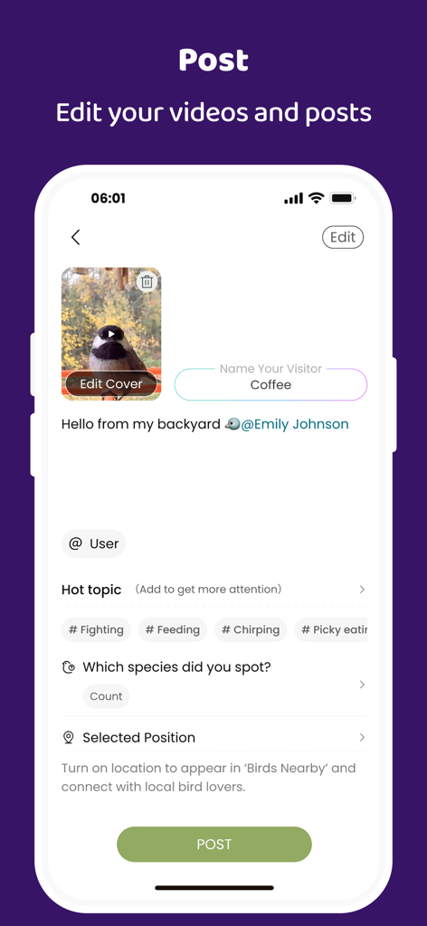 COOLFLY: Birding & Connection - A mobile interface from the COOLFLY app showing a post creation screen for sharing a bird video with the community.