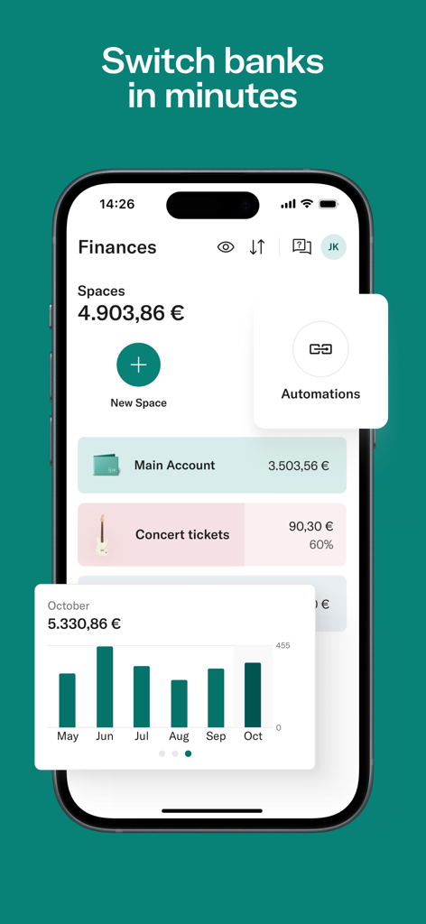N26 — Love your bank - N26 mobile app finances screen showing sub accounts and spending charts
