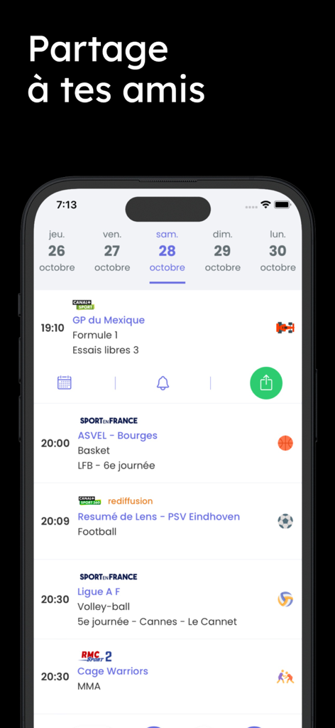 TV Sports - programme sportif - Interface de l'application TV Sports montrant une liste d'événements sportifs avec un bouton de partage vert