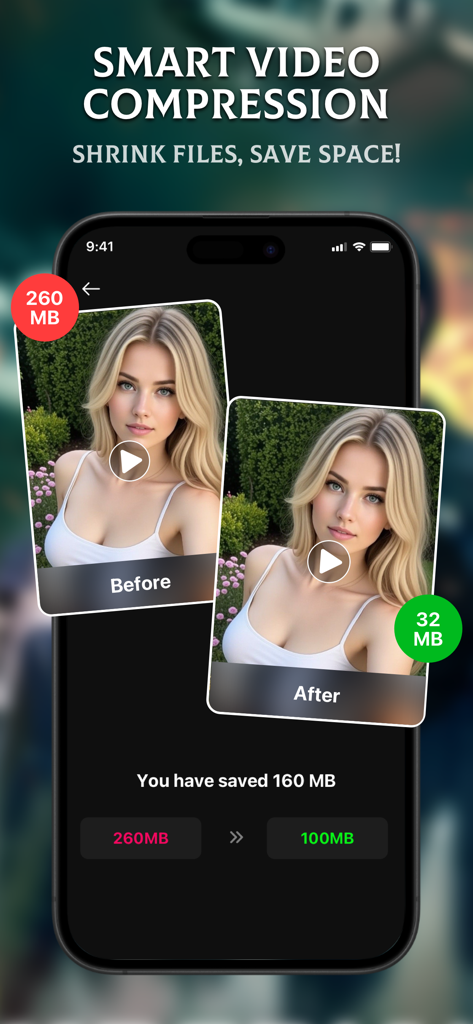 Smartphone-Bildschirm, der die intelligente Videokomprimierungsfunktion in der Drama Hub App zeigt, um Dateien zu verkleinern und Speicherplatz zu sparen