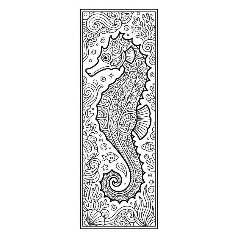 Immerse yourself in the beauty of the deep blue with this captivating thorny seahorse bookmark. This intricate design features a majestic seahorse surrounded by a vibrant underwater scene, ready for your creative touch.