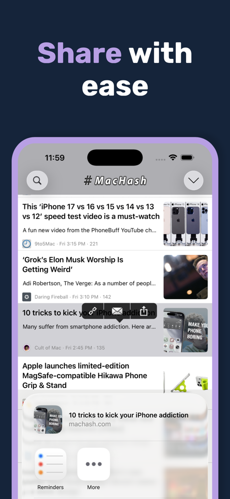 MacHash News - MacHash News app interface showing how to share tech articles using native iOS tools