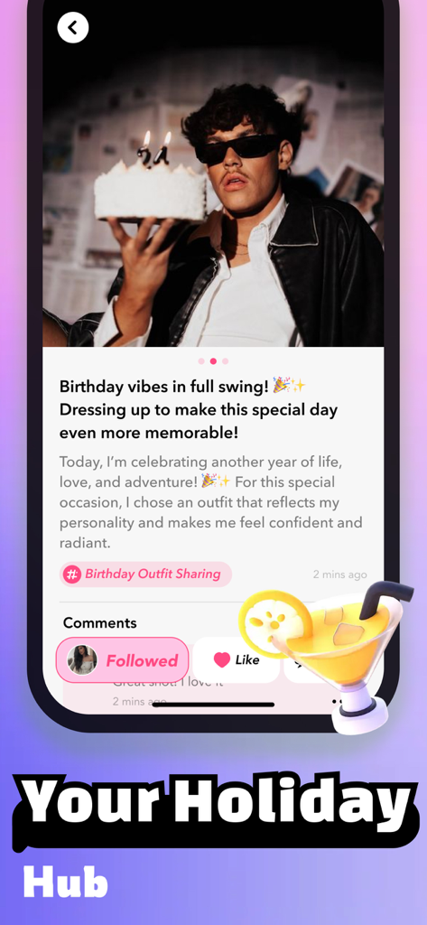Screenshot of the Getti social networking app showing a birthday celebration post and party highlights.