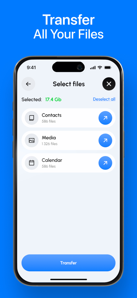 Interface of Smart Switch app showing file selection for contacts media and calendar data transfer