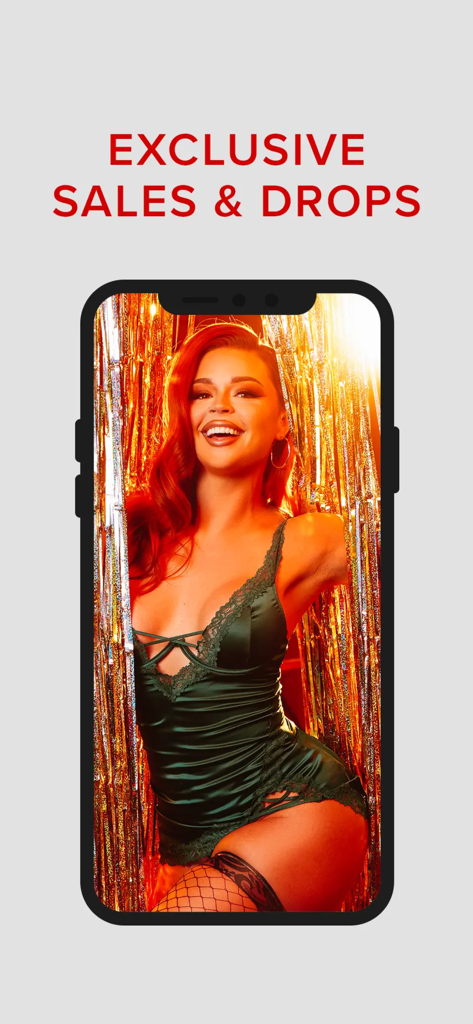 HUSTLER Hollywood - Hustler Hollywood app screen featuring exclusive sales and drops with a model in green lace lingerie