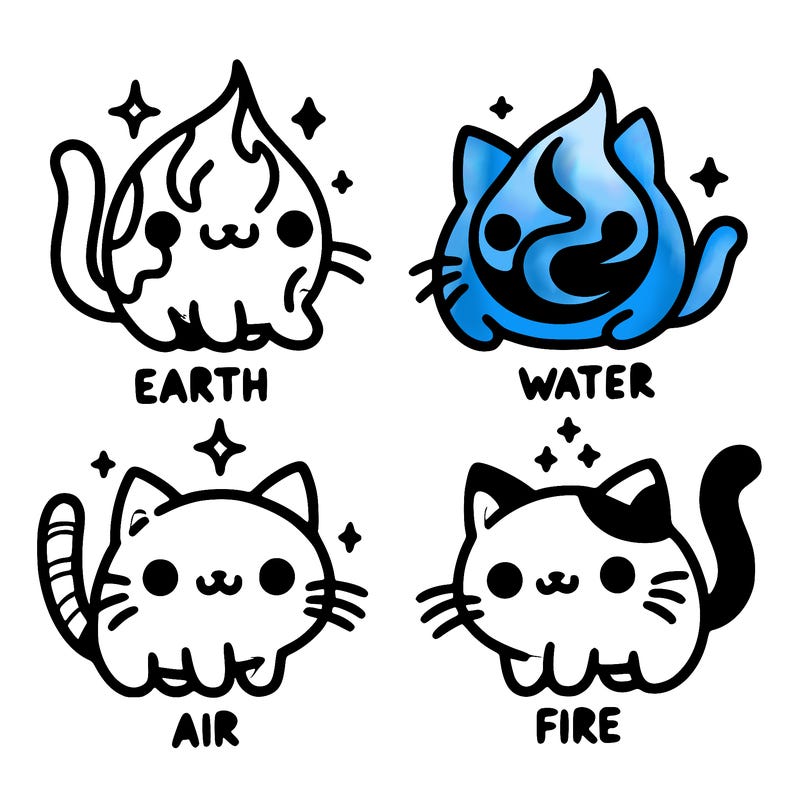 4 cats that represent the different elements, earth, water, air, and fire