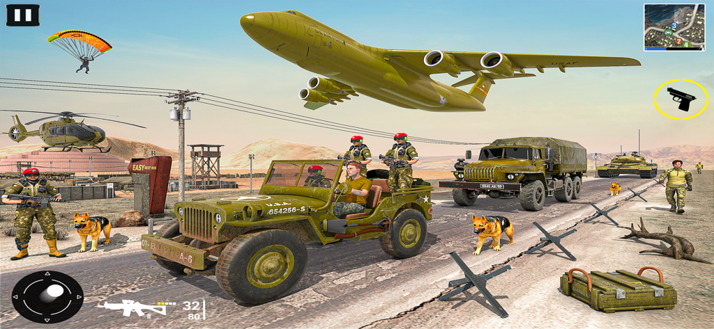 Military Vehicle Transport Sim - Military transport simulation showing a jeep, truck, tank, and cargo plane.