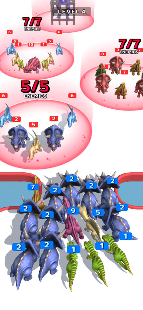 Captura de pantalla del juego de Dino Run que muestra un ejército de dinosaurios atacando grupos enemigos en una batalla prehistórica.