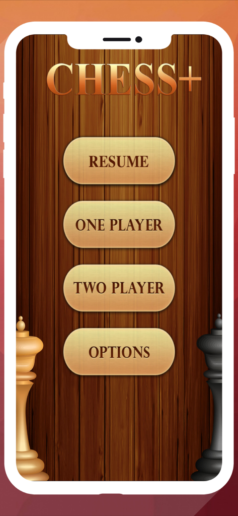 Main menu of the Chess Plus Offline mobile app featuring options for one player and two player game modes on a wooden background