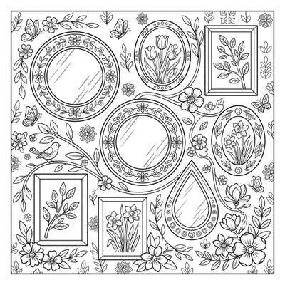 Embrace the freshness of spring with this exquisite coloring page featuring a collection of decorative wall art and mirrors. Delight in coloring intricate floral patterns, delicate butterflies, and charming spring blooms like tulips and daffodils.