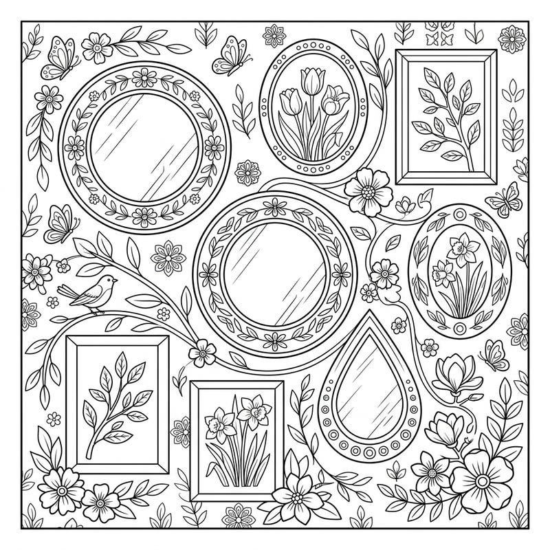 Embrace the freshness of spring with this exquisite coloring page featuring a collection of decorative wall art and mirrors. Delight in coloring intricate floral patterns, delicate butterflies, and charming spring blooms like tulips and daffodils.