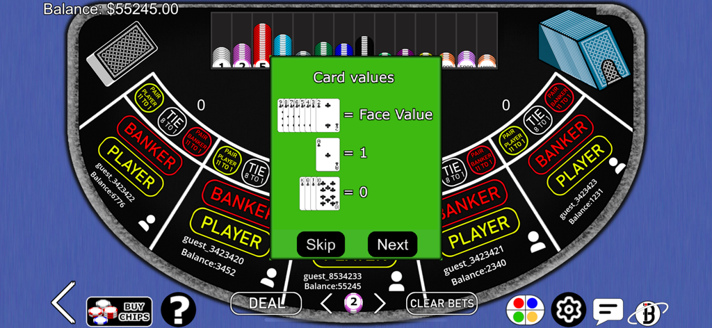 Baccarat Online - Live Casino - A tutorial popup in the Baccarat Online app explaining card values for player and banker hands.