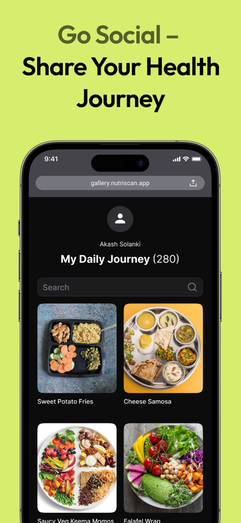 NutriScan: Calorie & Diet Plan - NutriScanアプリのソーシャルフードダイアリー画面。ユーザープロファイルに追跡された食事写真のギャラリーが表示されます。