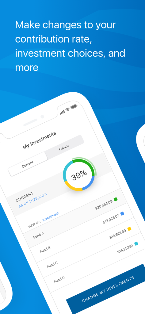 Interfaccia dell'app Capital Group PlanPremier401k che mostra le allocazioni degli investimenti e i saldi dei fondi