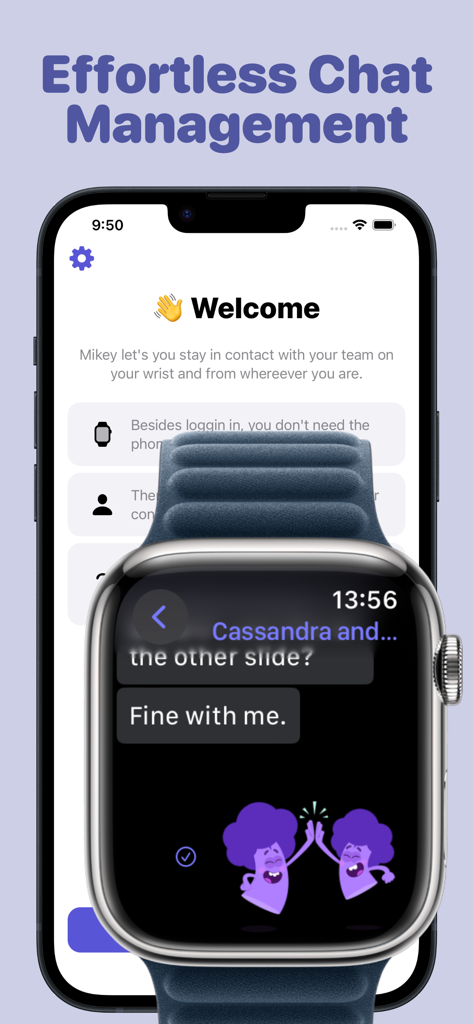 TeamsSync for Microsoft Teams - Interfaz de TeamsSync en Apple Watch y iPhone mostrando una gestión de chat sin esfuerzo con Microsoft Teams