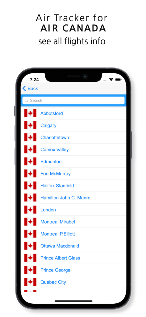 A searchable list of Canadian airports and cities within the Air Canada Flight Radar app interface on a mobile device.