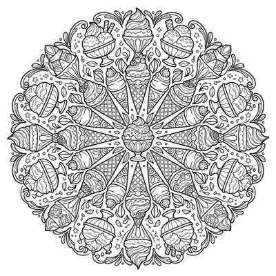 Indulge in a delightful coloring experience with our Gelato Mandala, perfectly crafted for seniors. This enchanting design combines intricate patterns of Italian ice cream with large, clear outlines for easy and relaxing artistry.
