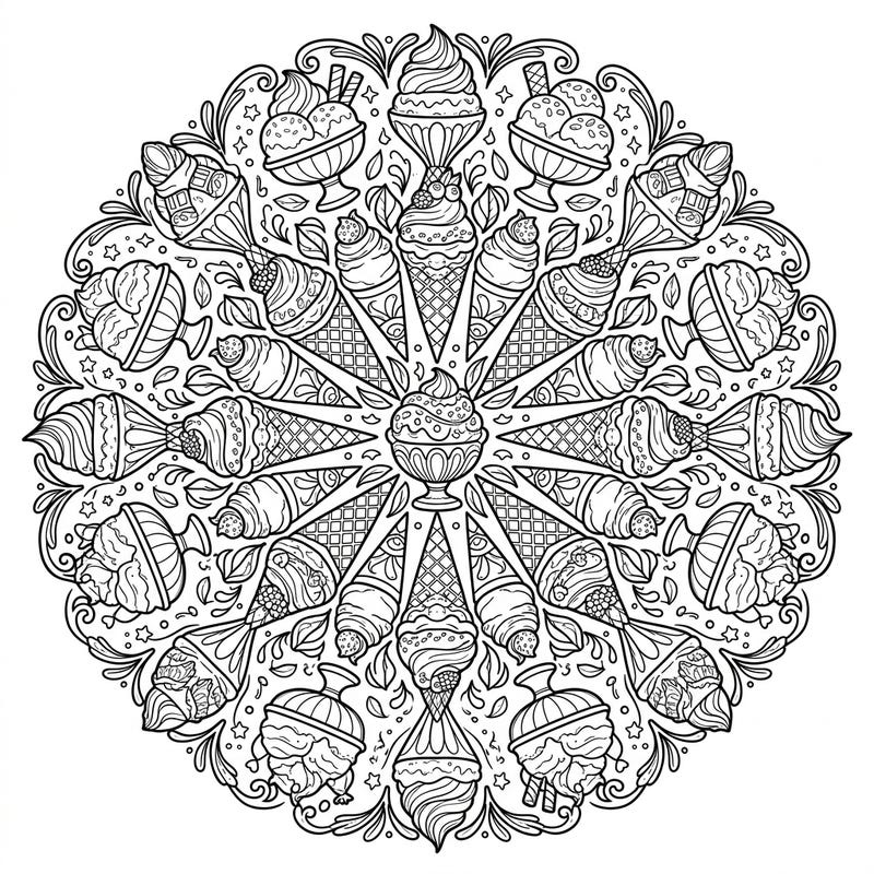 Indulge in a delightful coloring experience with our Gelato Mandala, perfectly crafted for seniors. This enchanting design combines intricate patterns of Italian ice cream with large, clear outlines for easy and relaxing artistry.