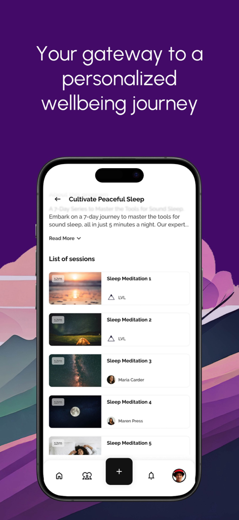 LVL Wellbeing - LVL Wellbeing app interface showing a list of sleep meditation sessions within the Cultivate Peaceful Sleep program.
