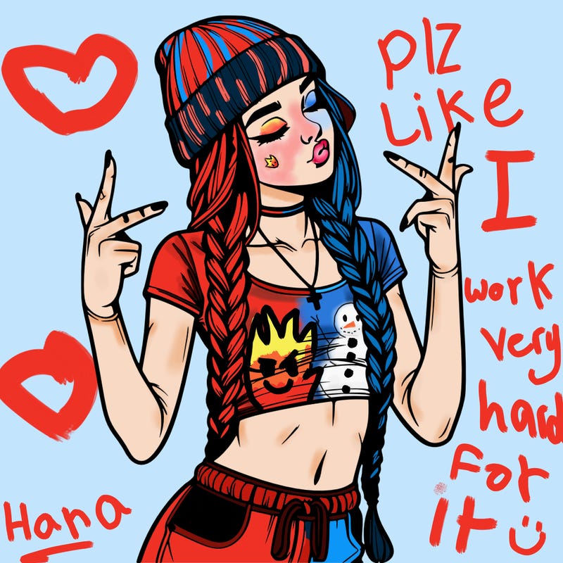 realistic teenage girl with braids and a beanie and crop top doing 🫶🏼