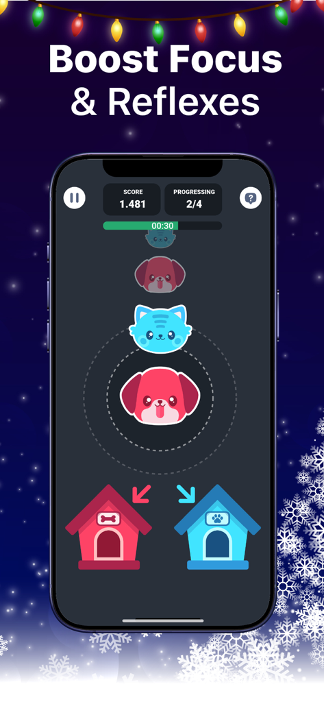 BRAIN101: Brain Training Games - Tela de smartphone exibindo um mini-jogo BRAIN101 para aumentar o foco e os reflexos com classificação de animais fofos.