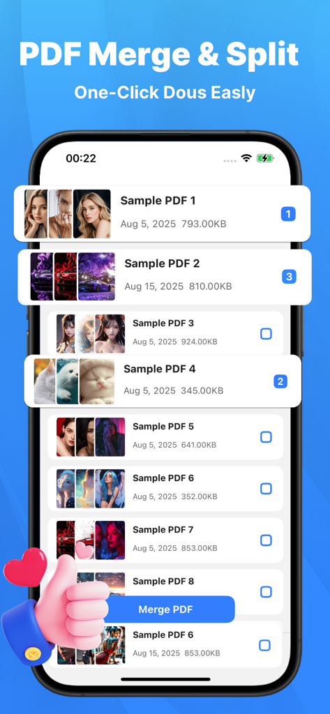 Interface of Docu PDF Lite app showing the PDF merge and split feature with a list of documents and a merge button