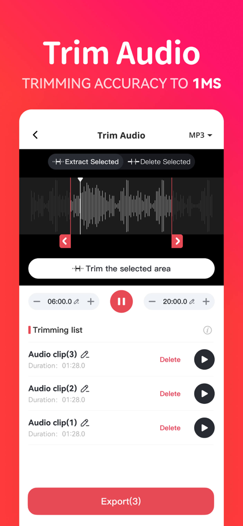 High precision audio trimming tool interface in the MP3 Converter app showing a waveform and clip list