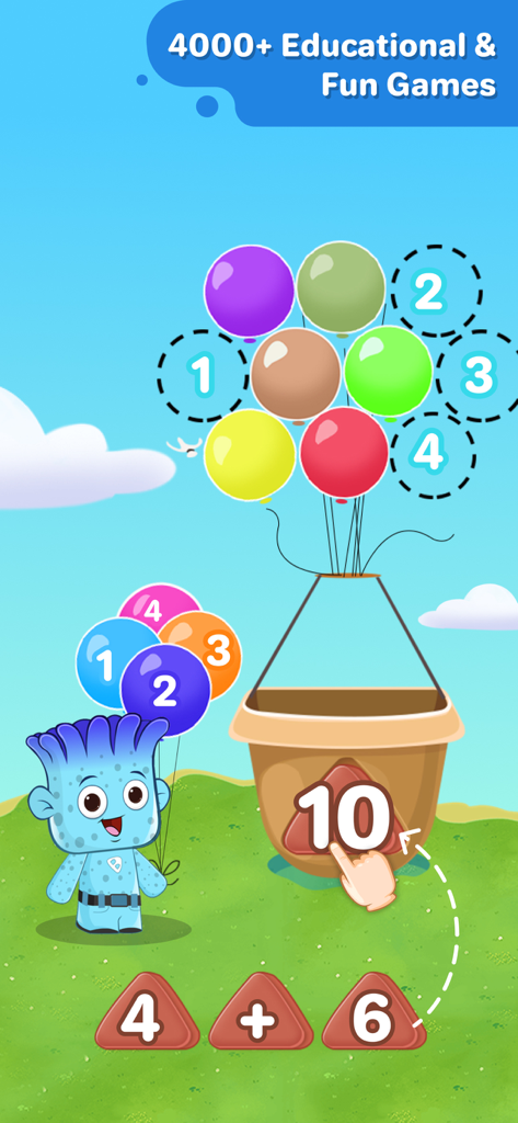 Splash Jr: PreK & Kindergarten - A child learning addition and counting with colorful balloons in the Splash Jr educational app.