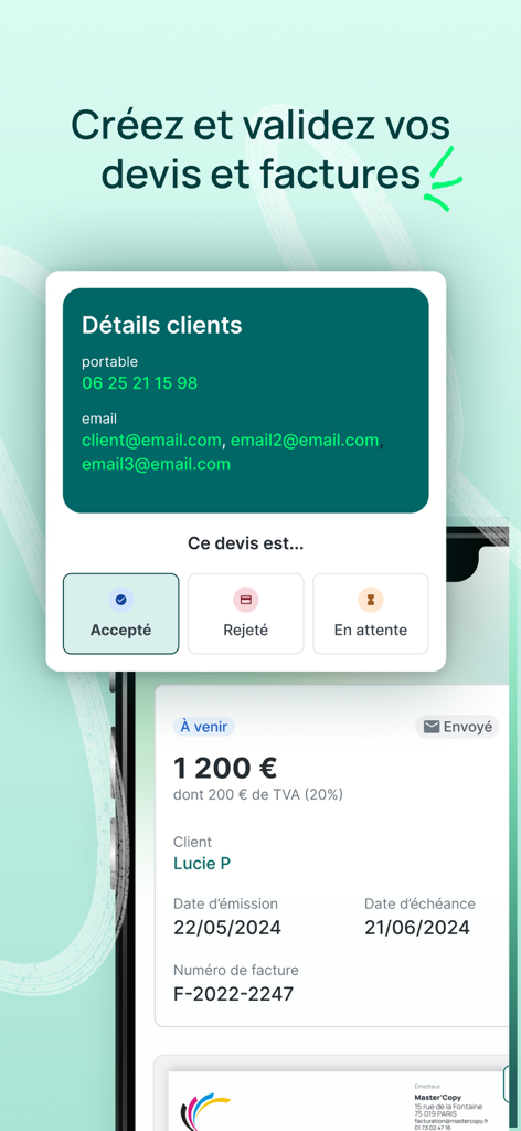 Pennylane - Interfaz de la aplicación móvil Pennylane para crear y validar presupuestos y facturas comerciales con seguimiento de estado