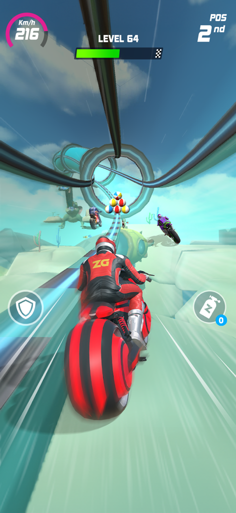 Moto Race: Racing Game - Une moto rouge courant à travers une boucle de piste bleue stylisée avec des obstacles dans un environnement 3D