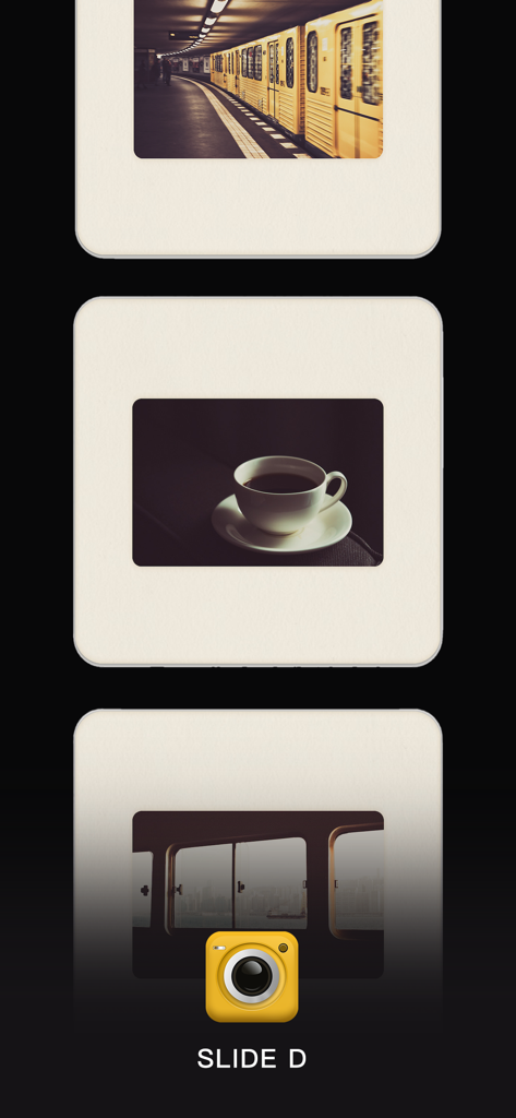 Dazz Cam app interface showing vintage photos of a subway and coffee cup styled in retro slide film frames