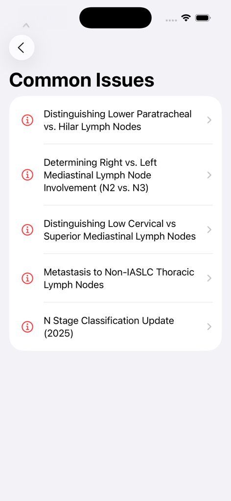 Una lista de problemas clínicos comunes para distinguir las estaciones de ganglios linfáticos torácicos en la aplicación médica.