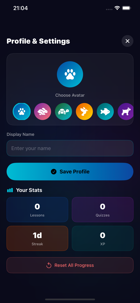 PetRoad-knowledge - Profile and settings screen of PetRoad-knowledge showing pet avatar selection and user statistics.