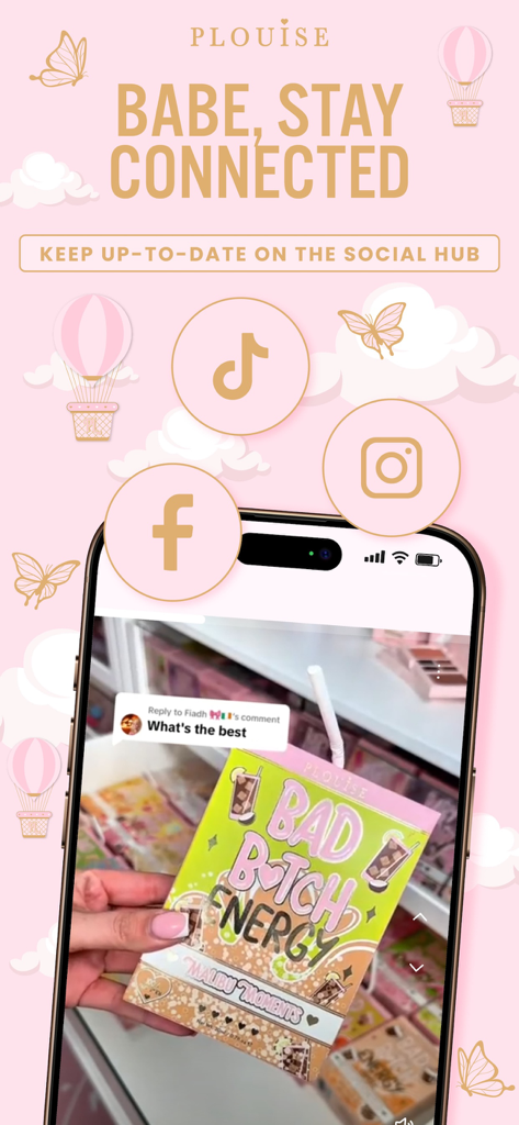 P Louise Cosmetics - P. Louise Cosmetics app screen featuring the social hub with icons for TikTok, Instagram, and Facebook and a product video.