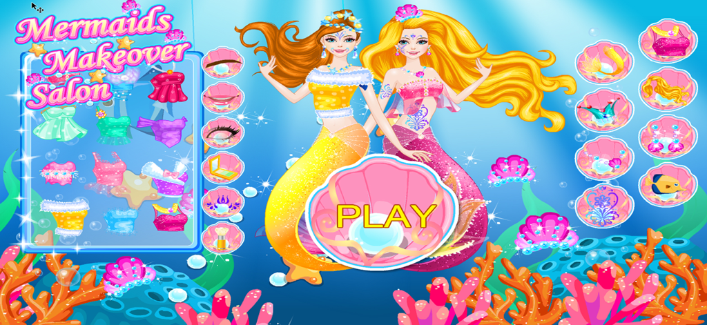 Mermaid Games, Dressing & Hair - Two stylish mermaids in an underwater makeover salon game interface with various dress up and makeup options.