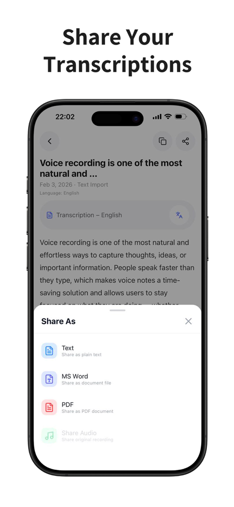Speako AI app screen showing sharing options for transcriptions as Text MS Word or PDF