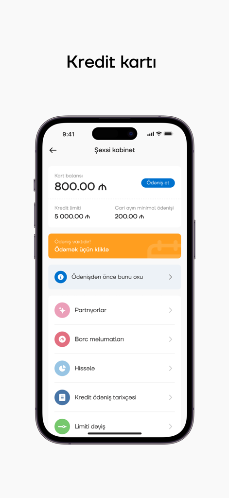 Yelo - Yelo Bank mobile app interface showing credit card balance and limit in Azerbaijani