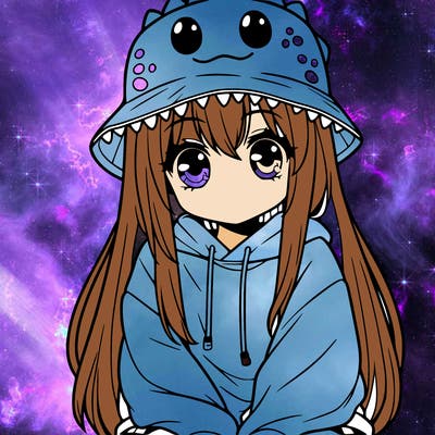 girl with anime shaped eyes with a dinosaur bucket hat oversized sweatshirt long straight hair