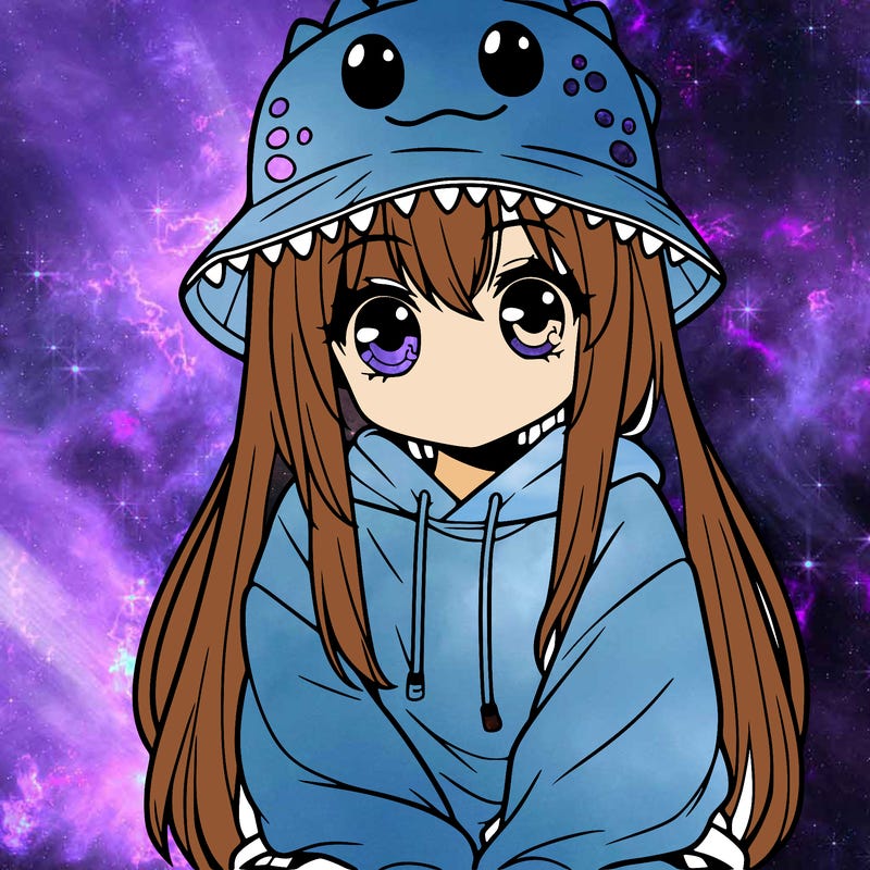 girl with anime shaped eyes with a dinosaur bucket hat oversized sweatshirt long straight hair